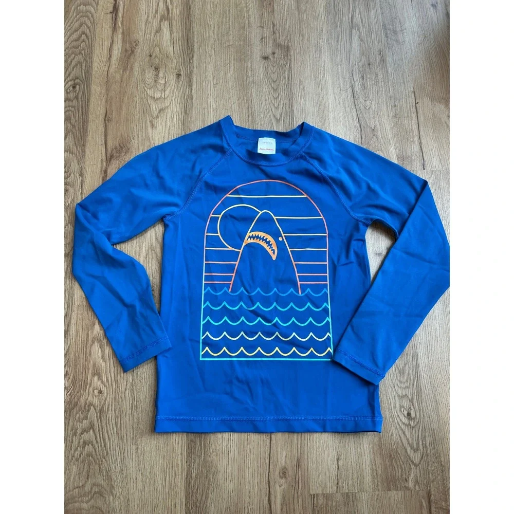 Hanna Andersson Boys Blue Shark Graphic Long Sleeve Rash Guard Swim Shirt Size 8
